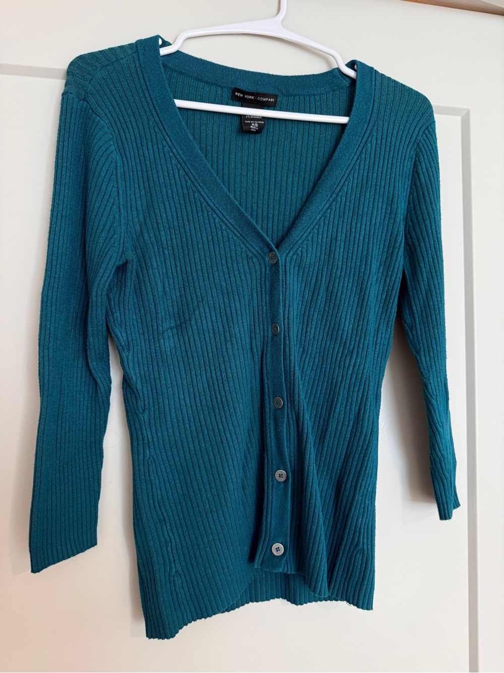 New York & Company Teal Ribbed V-Neck Button Cardigan